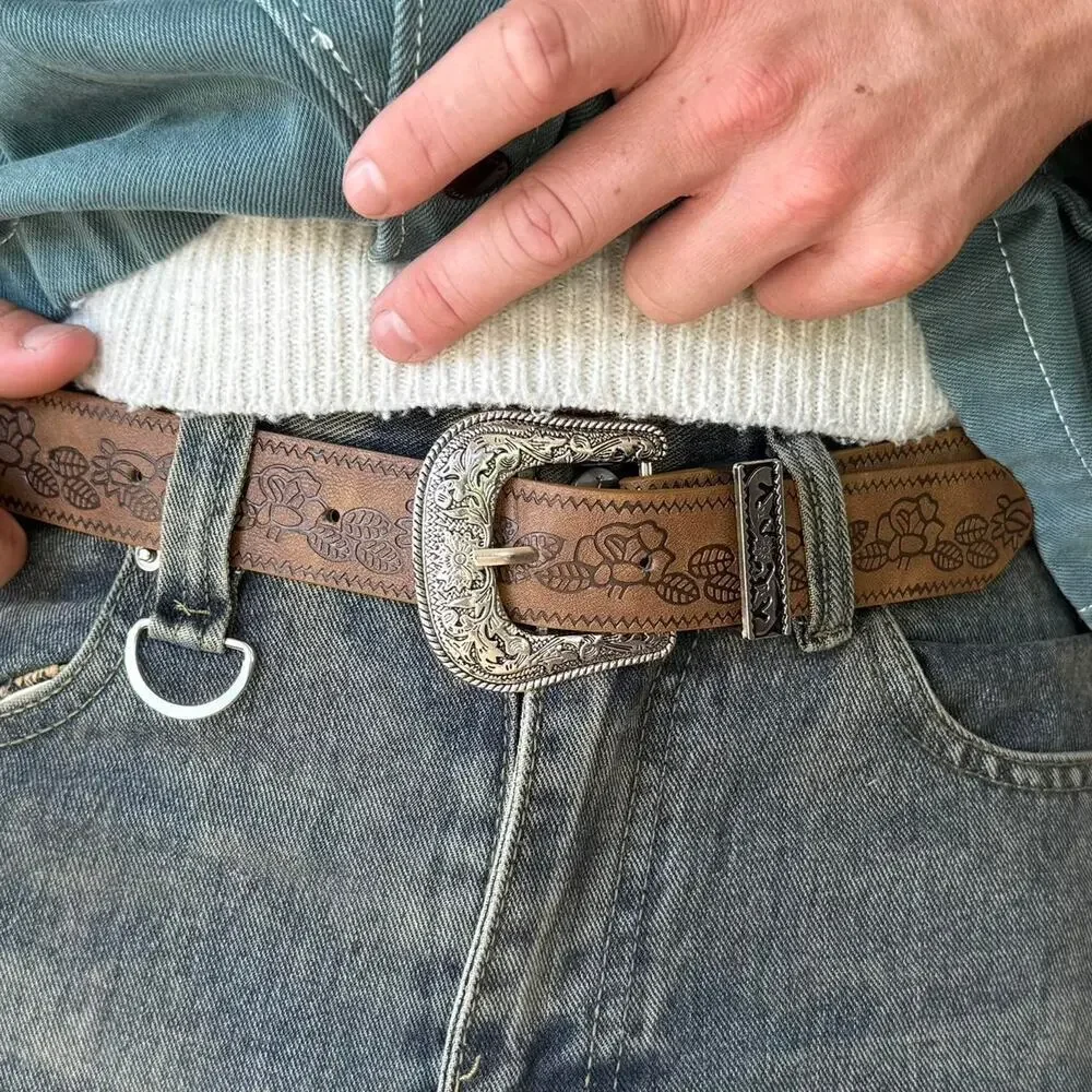 Y2K Brown Leather Belt Silver Buckle Adjustable Unisex Vintage New
